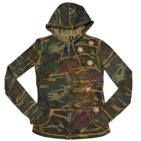 Vintage Y2k Lucky Camo Tiger Embroidered Flower Zip Hoodie Sweatshirt Sz Medium - Picture 2 of 10